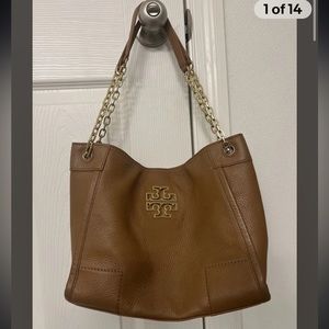 Tory Burch Logo Chain Tote Bag Shoulder Tote Bag leather Brown Women